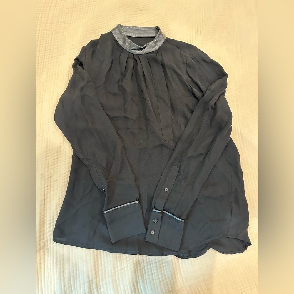 Theory Kyna Black Silk Long Sleeve Blouse with Leather trim and collar - Picture 1 of 5